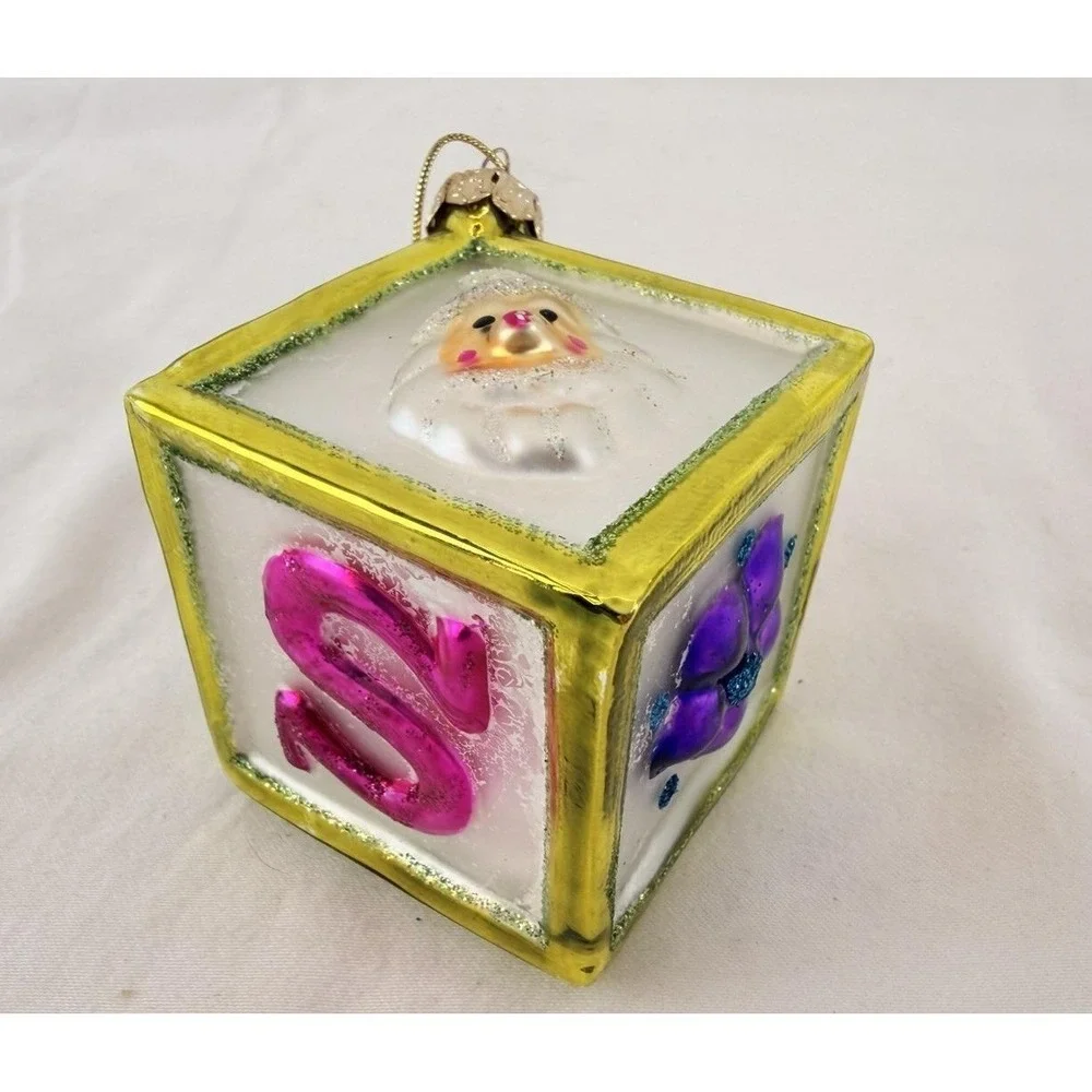 Vintage Hand Blown Glass Cube Christmas‎ Ornament Raised Applied Decoration